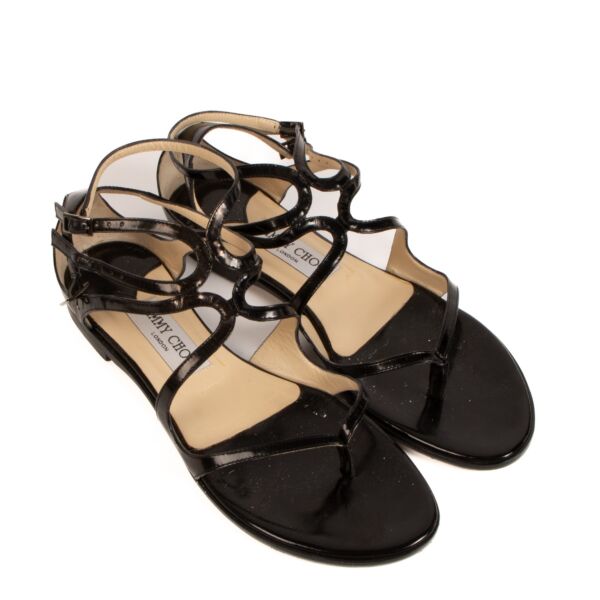 Jimmy Choo Black Patent Leather Leja Strappy Flat Sandals - size 38
