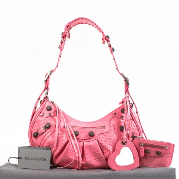 Balenciaga Le Cagole Small Pink Crocodile Embossed Bag