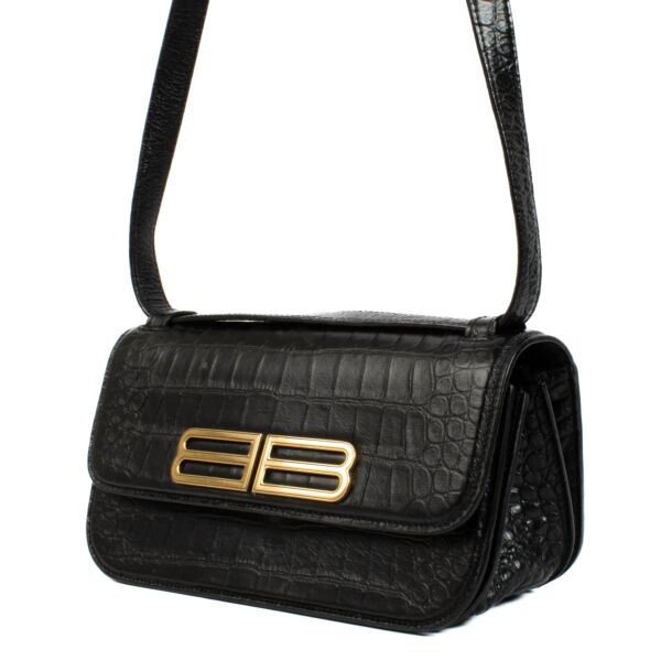 Balenciaga Black Croc Embossed Leather Gossip S Bag