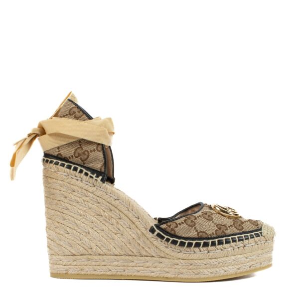 Gucci GG Marmont Pilar Ankle Tie Espadrille Wedge Pumps - Size 39,5