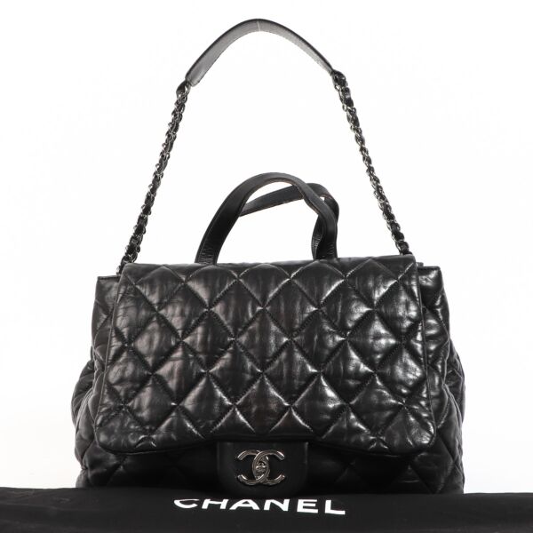 Chanel Triple Compartment Black Lambskin Classic Flap Tote Bag