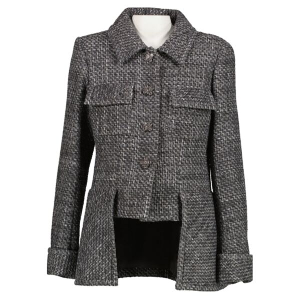 Chanel Grey Silver Long Tweed Jacket