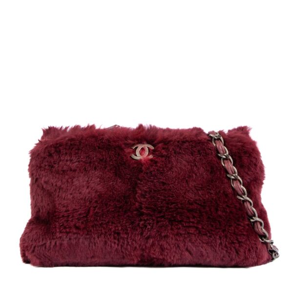 Chanel Burgundy Rabbit Fur Chain Clutch Bag