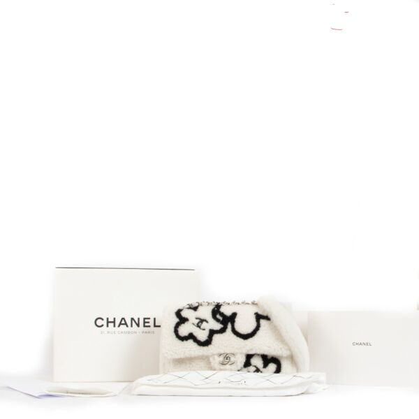Chanel White Shearling CC Flower Classic Flap Bag