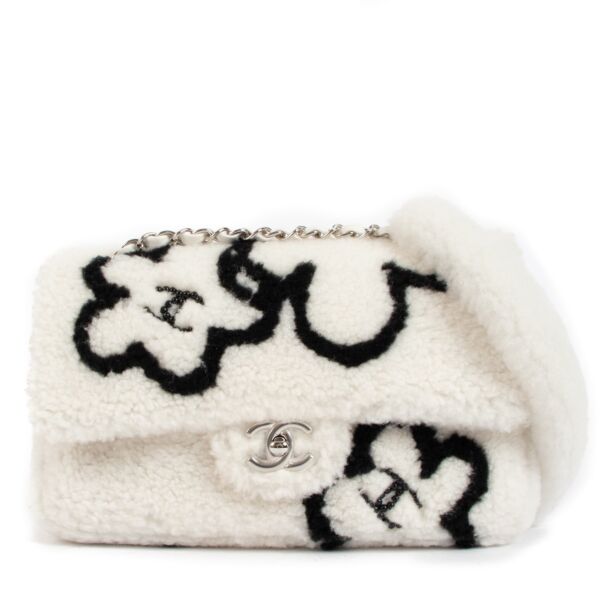 Chanel White Shearling CC Flower Classic Flap Bag