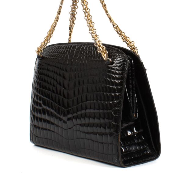 Delvaux Vintage Black Shiny Crocodile Chain Bag