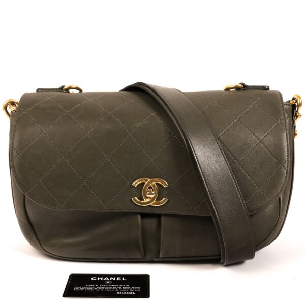 Chanel Khaki Green Leather Crossbody Flap Bag