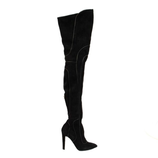 Sergio Rossi Black Suede Graphic Line Over-the-Knee Boots
