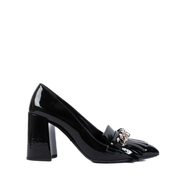 Prada Chain Fringe Black Patent Leather Pumps
