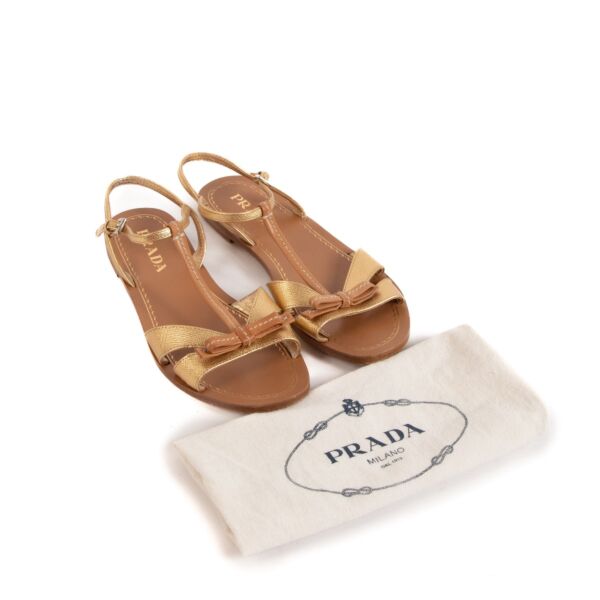 Prada Gold & Tan Leather Bow Sandals - size 36