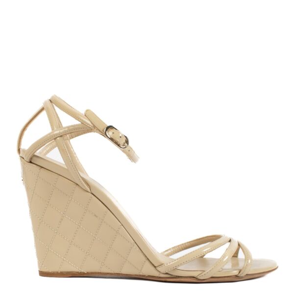Chanel Beige Patent Wedge Sandals