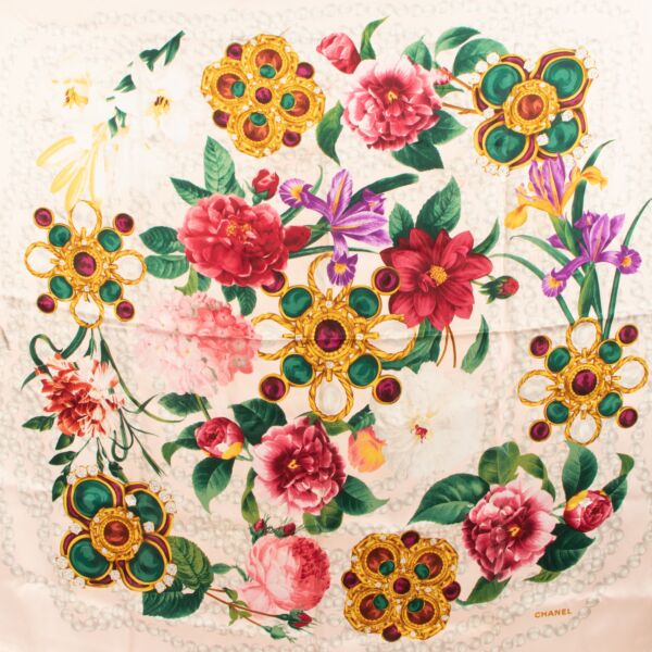 Chanel Pink Silk Flower Pearl Scarf