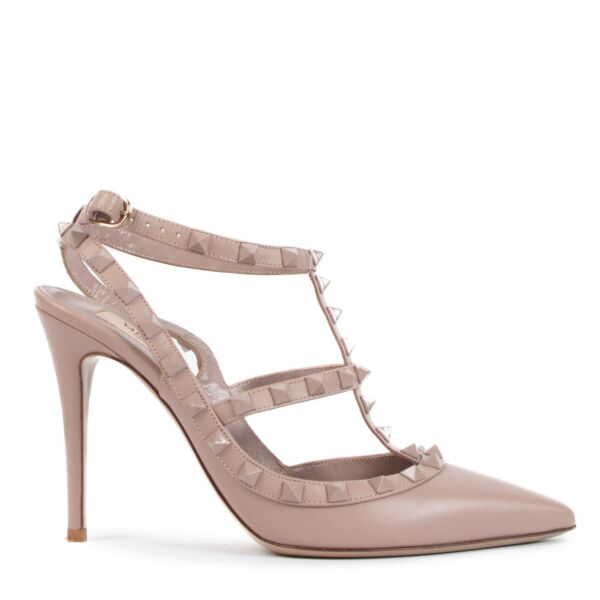 Valentino Garavani Rockstud Caged 100 Taupe Leather Heels - size 38