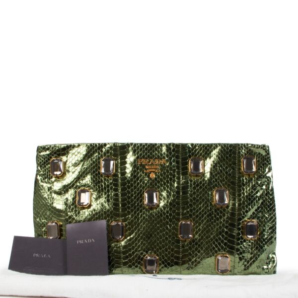 Prada Metallic Green Snakeskin Effect Crystal Embellished Clutch