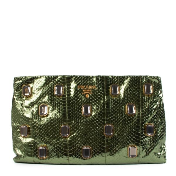 Prada Metallic Green Snakeskin Effect Crystal Embellished Clutch