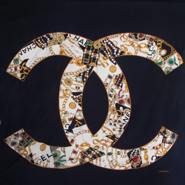 Chanel Blue Jewelled CC Silk Shawl