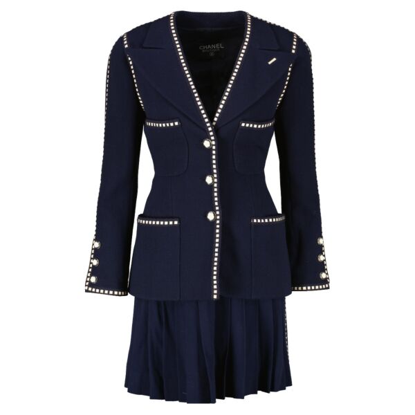 Chanel 92P Leather Trim Trompe L'oeil Lapel Jacket Skirt Set