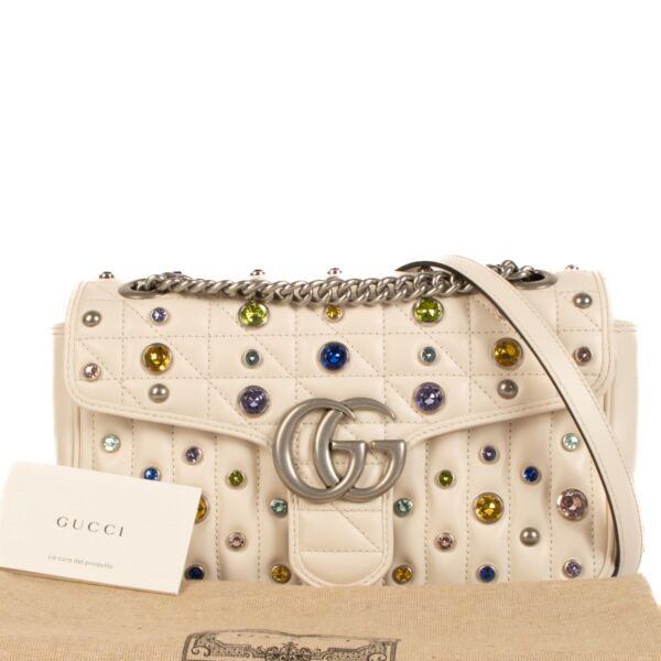 Gucci White Crystal Stud Small GG Marmont Shoulder Bag