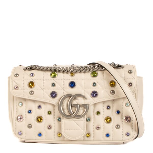 Gucci White Crystal Stud Small GG Marmont Shoulder Bag