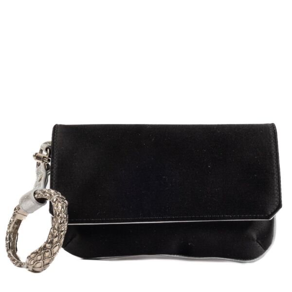 Roberto Cavalli Black Satin Clutch, Roberto Cavalli Clutch, Robert Cavalli evening clutch, Roberto Cavalli black satin, Roberto Cavalli, Snake, Bracelet clutch, Preloved, Labellov, Antwerp