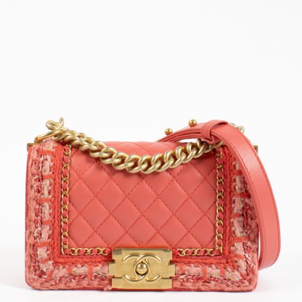 shop 100% authentic second hand Chanel Pink Small Braided Tweed Jacket Boy Bag on Labellov.com
