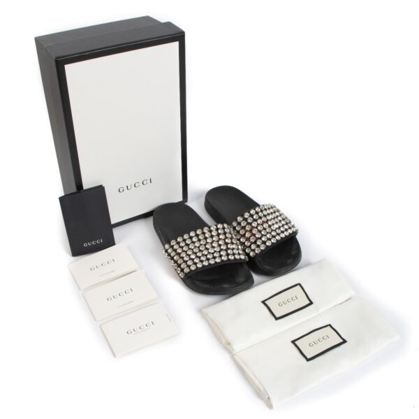 Gucci Crystal Embellished Web Slide Sandals - Size 36