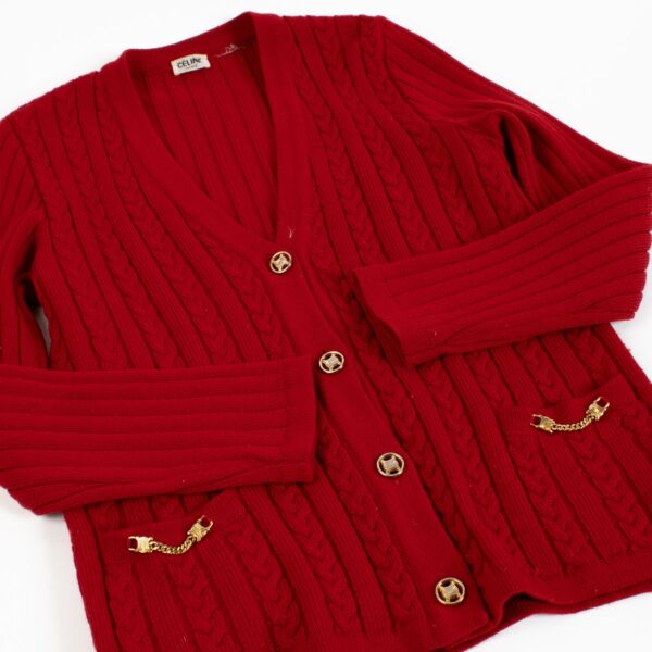 Celine Vintage Red Knit Triomphe Button Cardigan