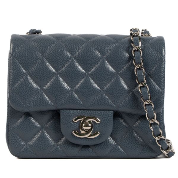 Chanel Blue Caviar Mini Square Classic Flap Bag PHW for the best price at Labellov secondhand luxury in Antwerp