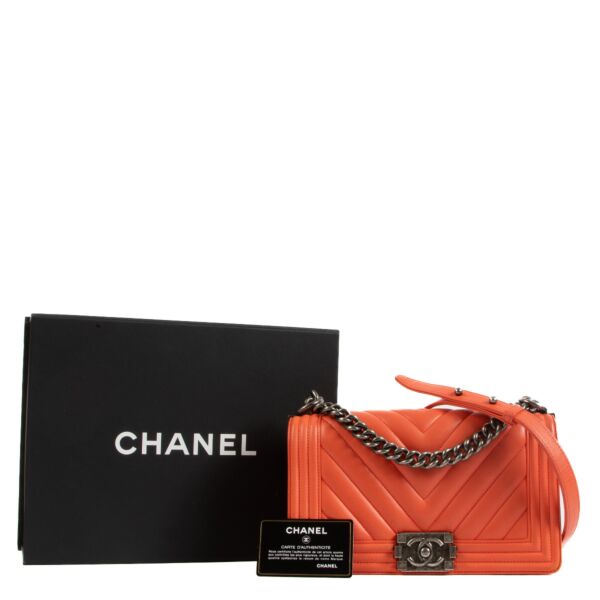 Chanel Coral Red Chevron Medium Boy Bag