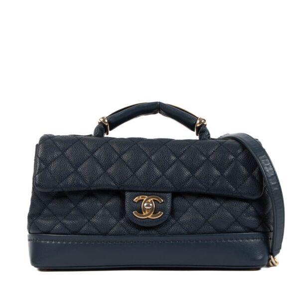 Chanel Navy Blue Caviar Leather Globe Trotter Flap Bag with Handle