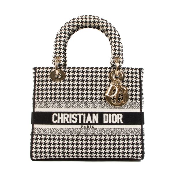 Christian Dior Black/White Houndstooth Embroidery Medium Lady D-Lite Bag