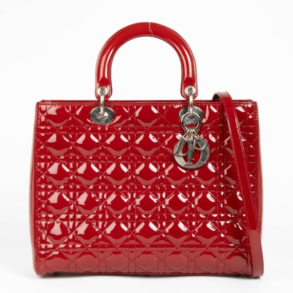 Authentic pre-loved Christian Dior Red Patent Leather Large Lady Dior Top Handle Bag on Labellov.com