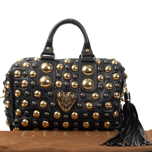 Gucci Black Gold Studded Babushka Boston Bag