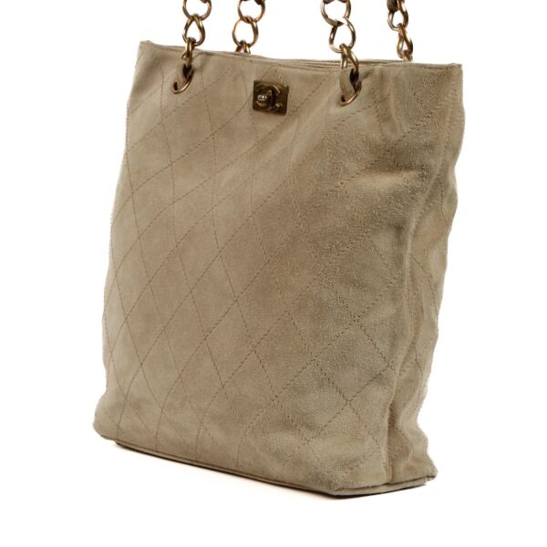 Chanel Beige Quilted Suede CC Tote Bag