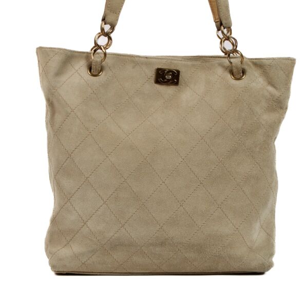 Chanel Beige Quilted Suede CC Tote Bag