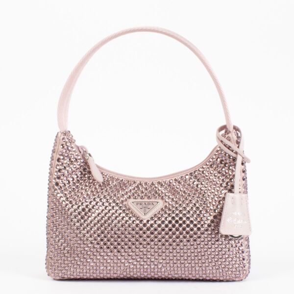 Authentic Preloved Prada Alabaster Pink Re-Edition mini satin bag with crystals on Labellov.com