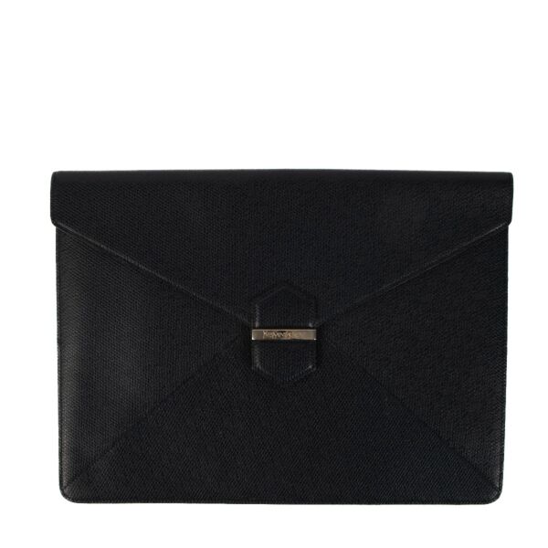 Buy an authentic second hand Saint Laurent Blue Grained Leather Envelope Clutch in new condition at Labellov Antwerp. 