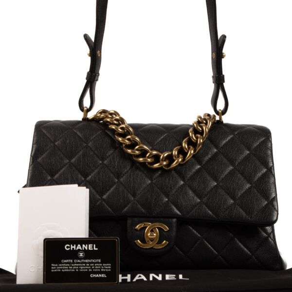 Chanel 16A Black Sheepskin Top Handle Flap Bag