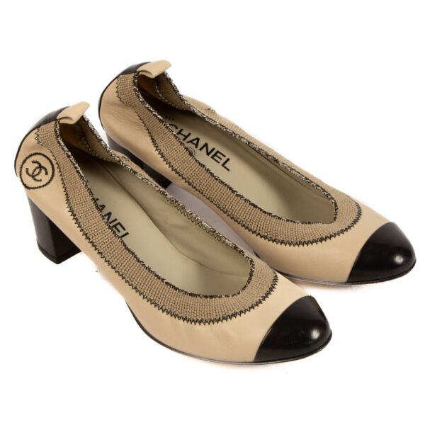 Chanel Beige/Black Cap Toe Elastic Pumps - Size 38.5