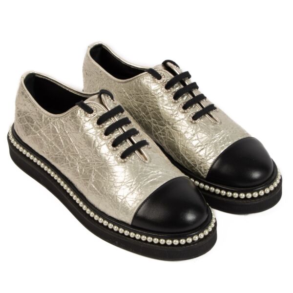 Chanel Silver Pearl Trimmed Derby Shoes - Size 39 1/2