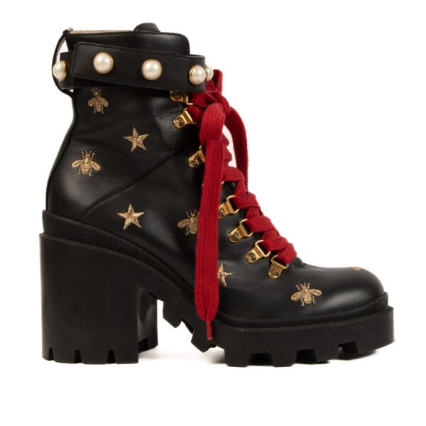 Gucci Black Bee Pearl Embellished Lace-up Boots