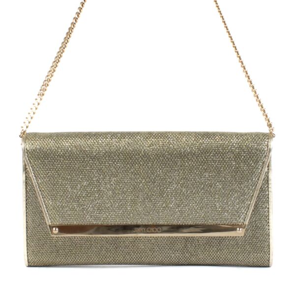 Shop safe online at Labellov in Antwerp, Brussels and Knokke this 100% authentic second hand Jimmy Choo Gold Sparkle Margot Clutch Bag