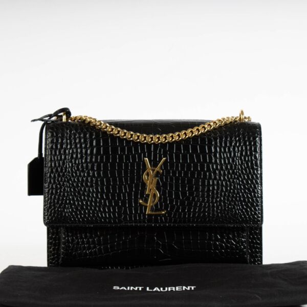 Saint Laurent Black Crocodile Embossed Sunset Large Bag