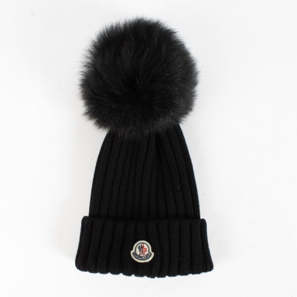 Authentic Preloved Moncler Black Fur Pompom Beanie on labellov.com