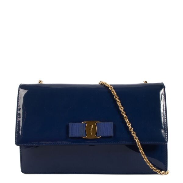 Ferragamo Blue Patent Leather Miss Vera Bow Chain Clutch