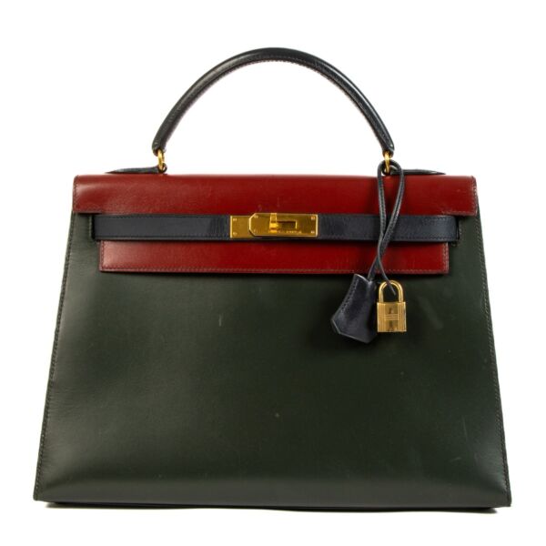 Hermès 1992 Kelly 32 Tricolor Rouge Vif/Vert Foncé/Bleu Indigo Box