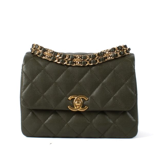 Chanel 22K Khaki Caviar Leather Coco First Flap Bag