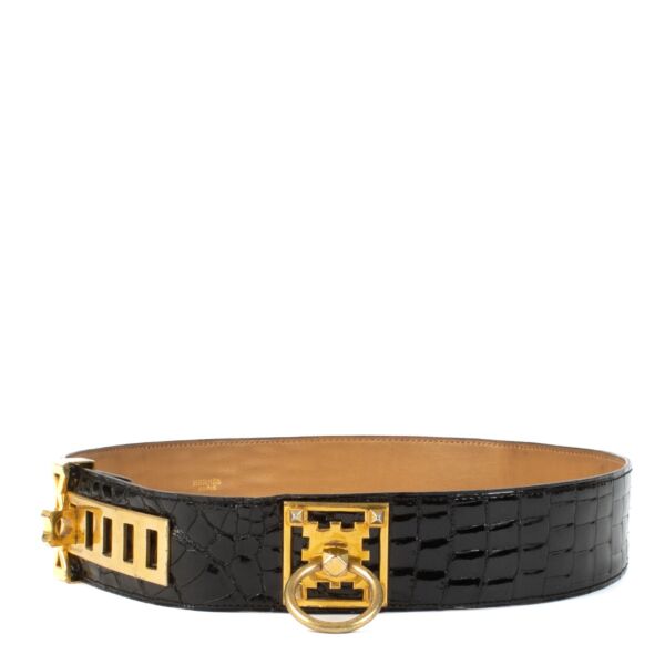 Hermès Black Shiny Crocodile Collier De Chien Ferronnerie Belt - size 75