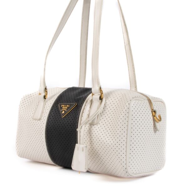 Prada White/Black Perforated Saffiano Leather Boston Bag