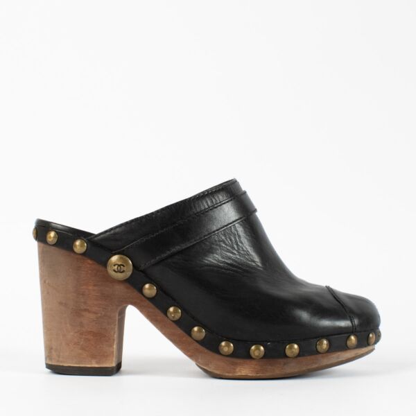 shop 100% authentic second hand Chanel 2010 Black CC Logo Studded Leather Platform Clogs - Size 38 1/2 on Labellov.com